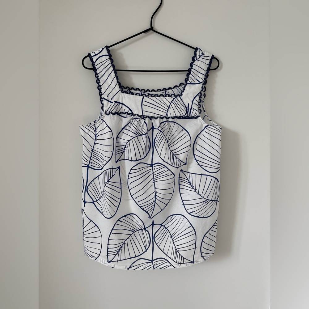 Boden Navy and White Leaf Print Blouse